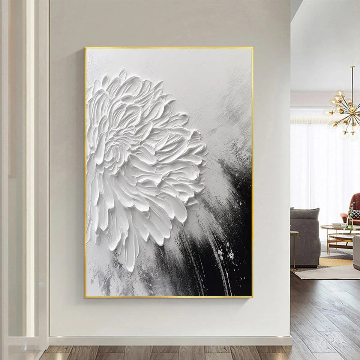 WHITE TEXTURED BLOOM: 3D Floral Impasto Painting, Vertical Wall Art