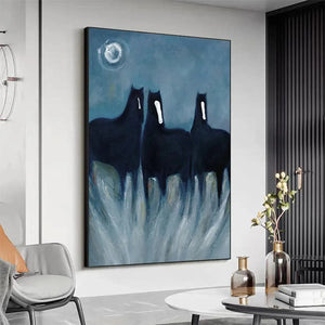 Javier Ramirez minimalist horse painting: Three black horses in blue night, vertical wall art, modern home decor
