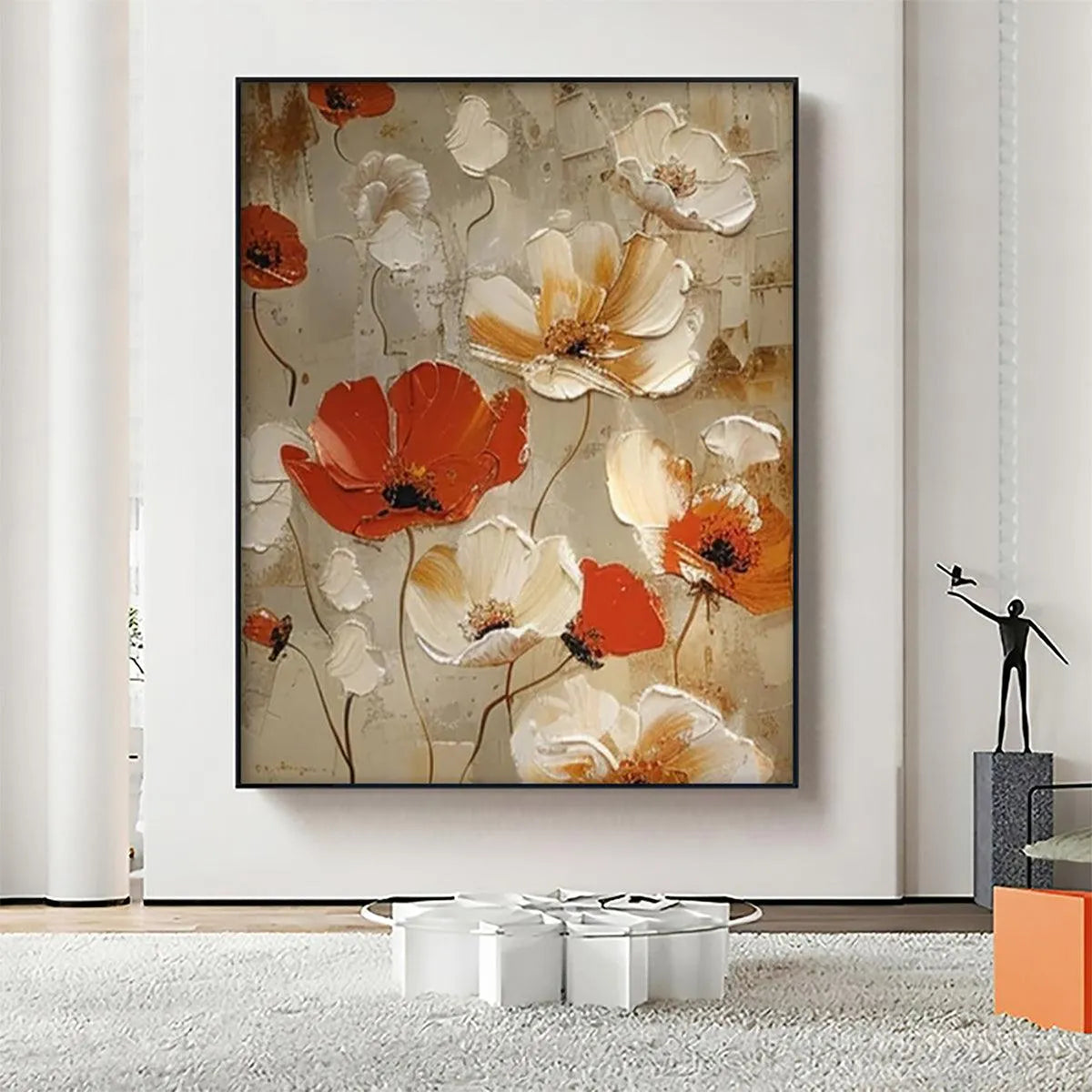 CRIMSON FIELDS: Textured Poppy Painting, Red and White Floral Wall Art, Square Canvas, Romantic Decor