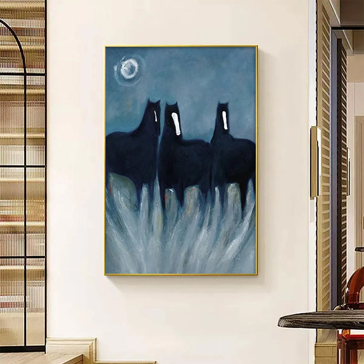 THREE HORSES AT NIGHT: Minimalist Horse Painting, Vertical Wall Art