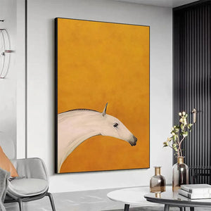 Minimalist white horse painting by Javier Ramirez on yellow background. Vertical wall art for modern home decor.