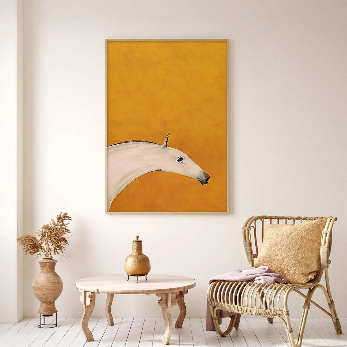 WHITE HORSE ON YELLOW: Minimalist Horse Painting, Vertical Wall Art