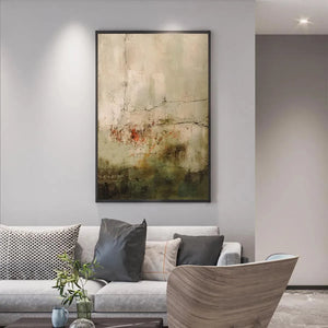 Wabi Sabi Terrain vertical abstract painting with textured muted earthy tones and red accents in a living room.