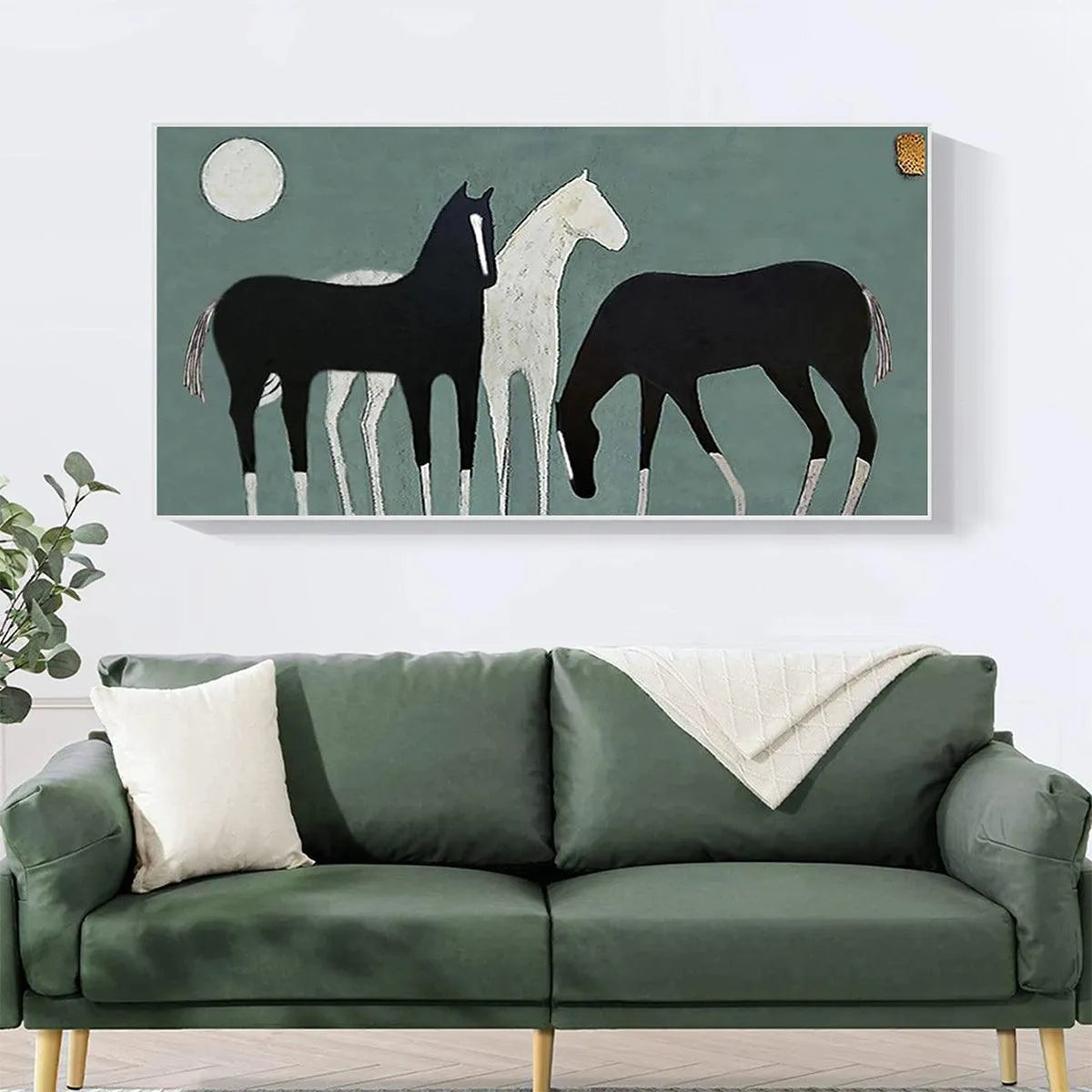 THREE HORSES UNDER THE MOON: Minimalist Horse Painting, Panoramic Wall Art