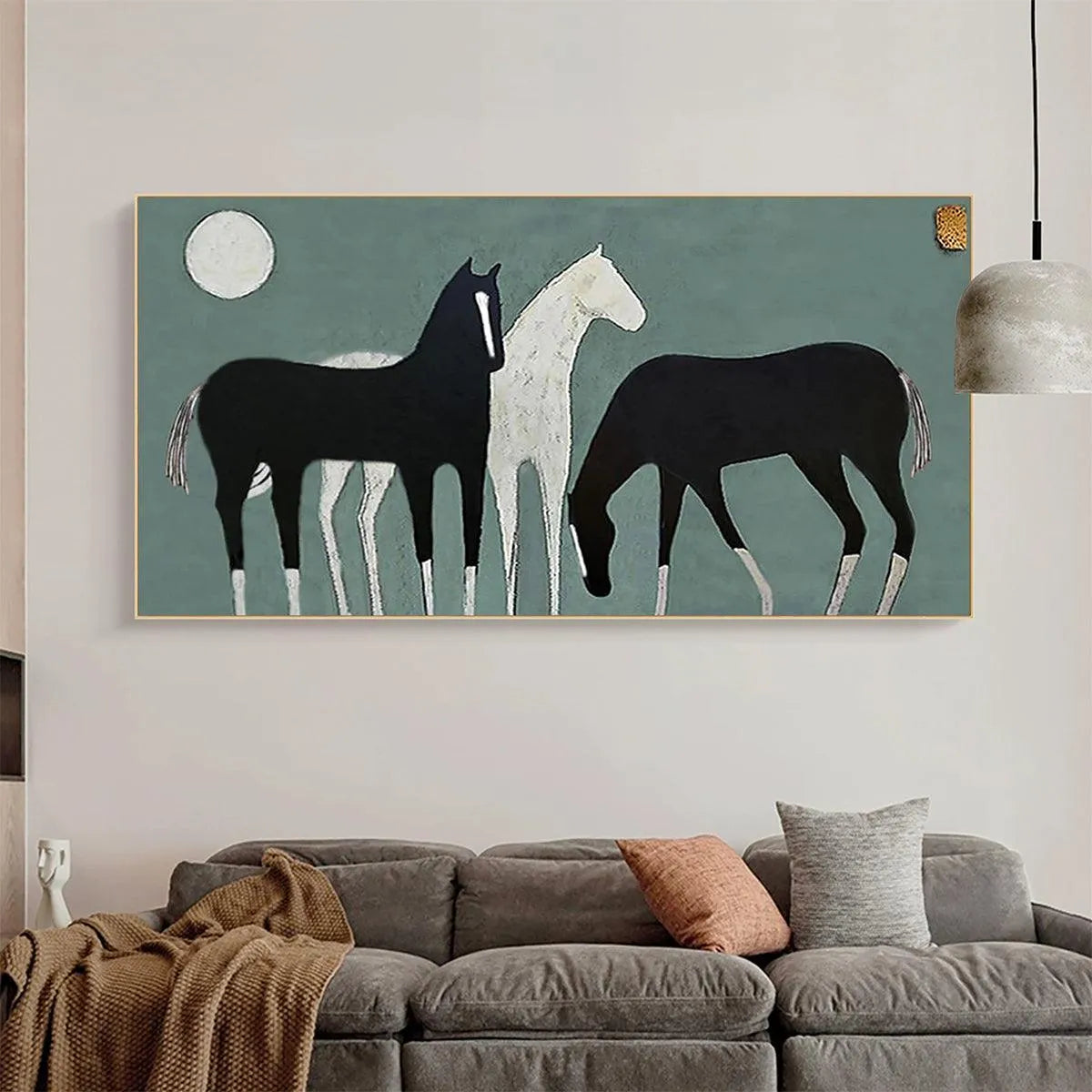 THREE HORSES UNDER THE MOON: Minimalist Horse Painting, Panoramic Wall Art