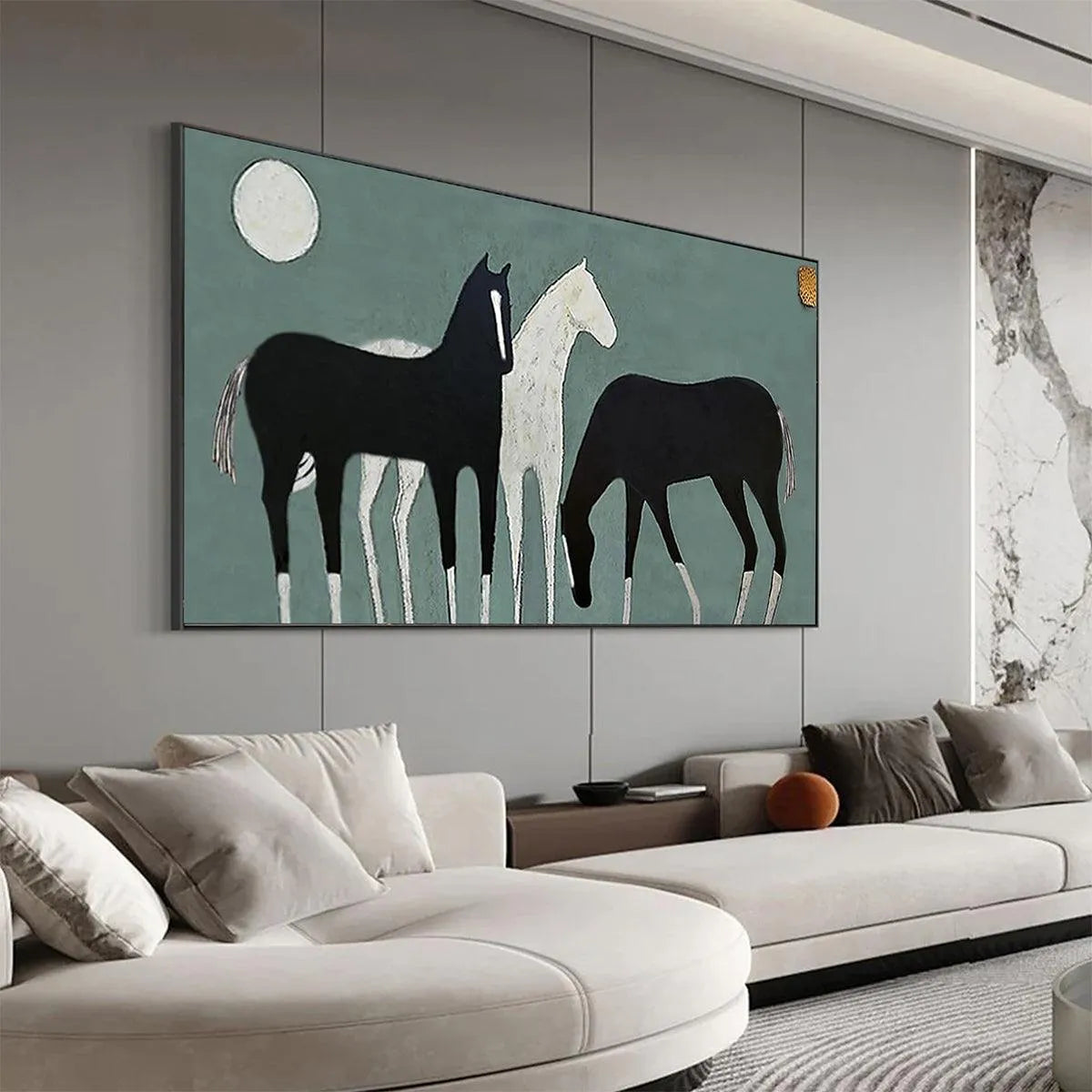 THREE HORSES UNDER THE MOON: Minimalist Horse Painting, Panoramic Wall Art