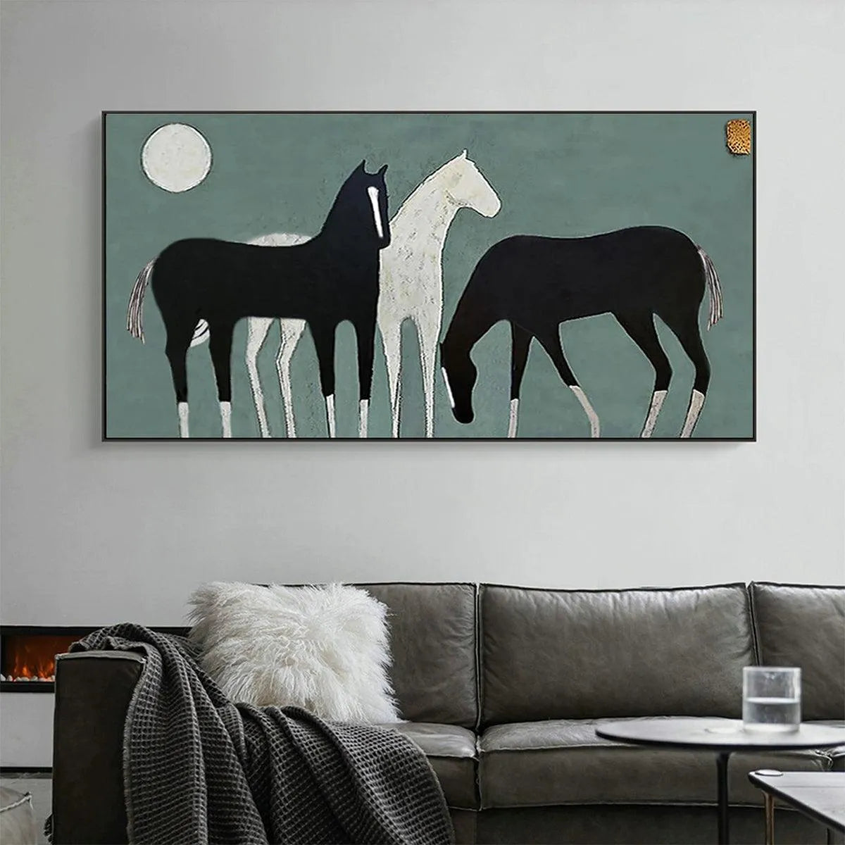 THREE HORSES UNDER THE MOON: Minimalist Horse Painting, Panoramic Wall Art