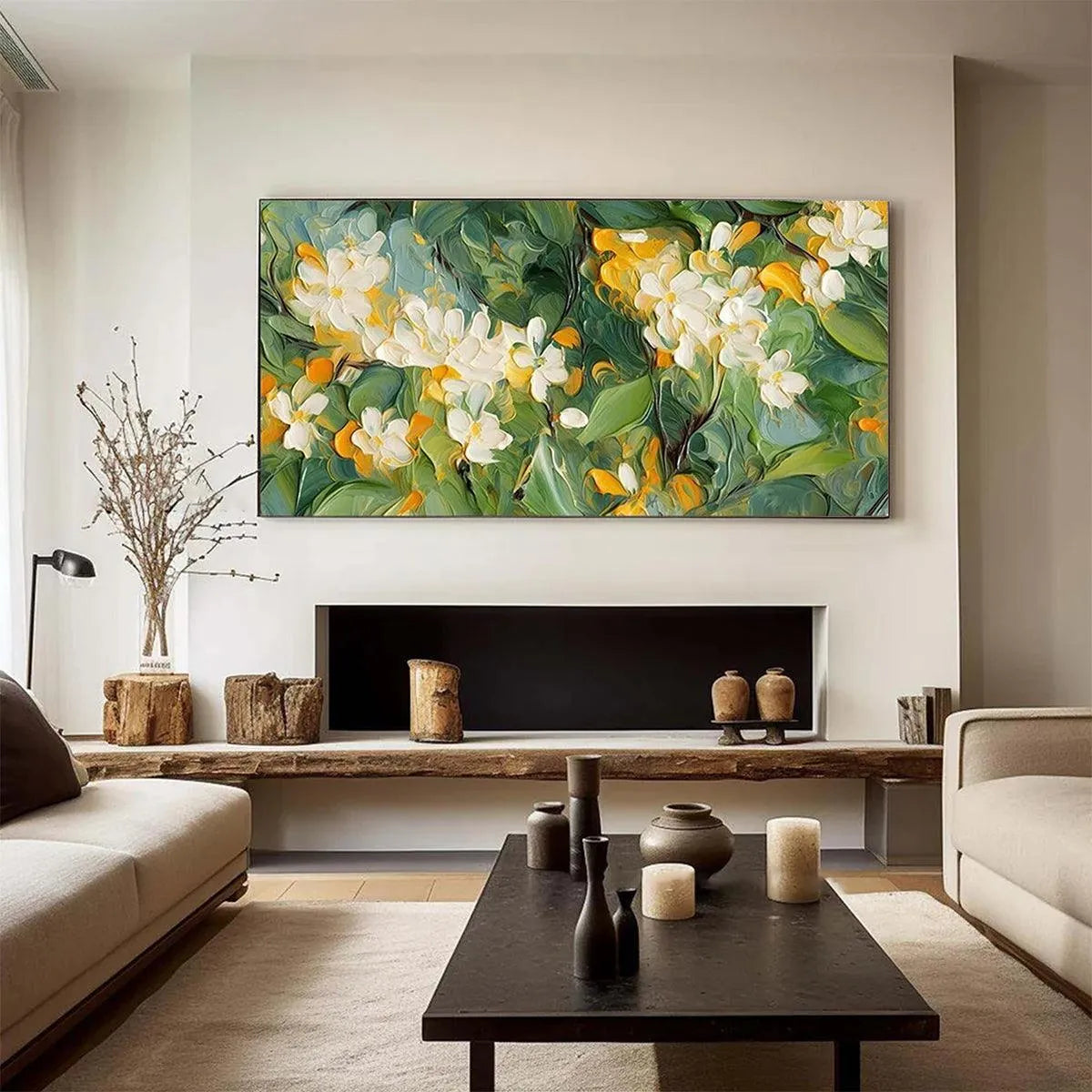 ORANGE BLOSSOM: Textured Floral Painting, White Flowers Wall Art, Panoramic Canvas, Impressionist Decor