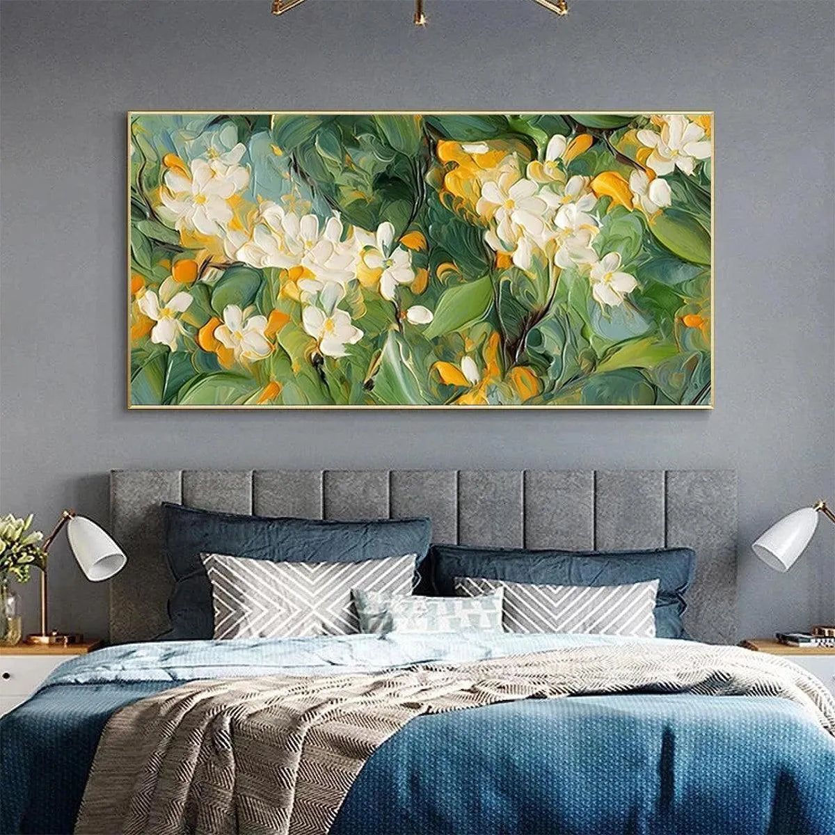 ORANGE BLOSSOM: Textured Floral Painting, White Flowers Wall Art, Panoramic Canvas, Impressionist Decor