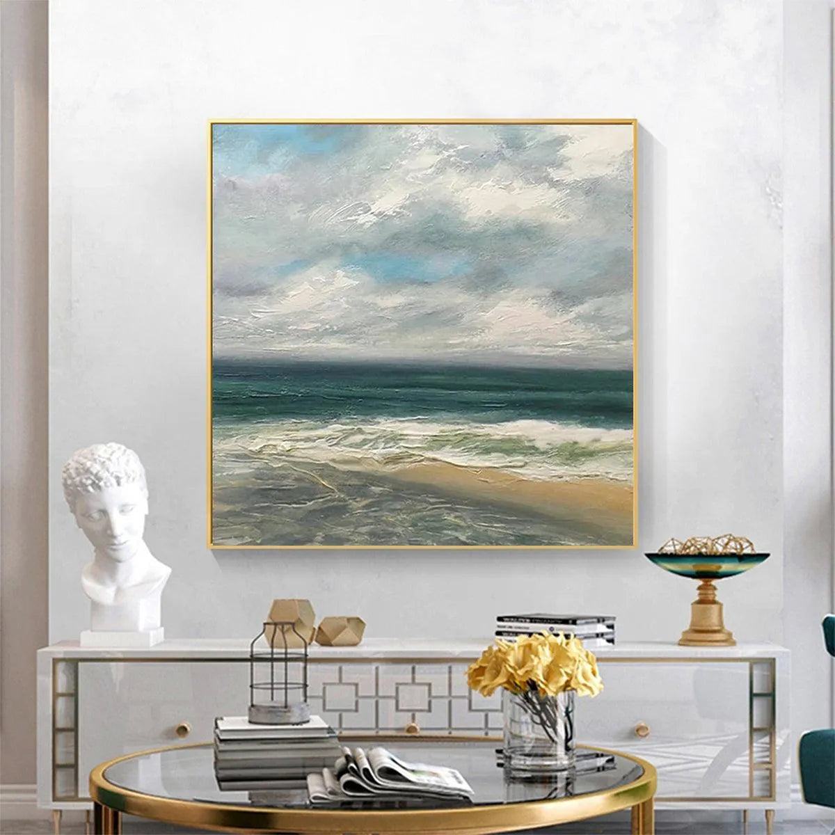 CLOUDY COASTAL SCENE: Square Coastal Landscape Painting, Square Wall Art