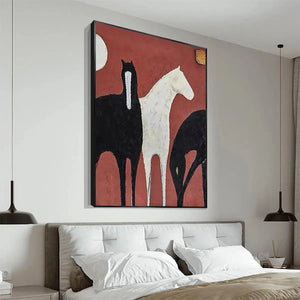 Vertical minimalist painting of three horses, two black and one white, on textured red background with gold accent.