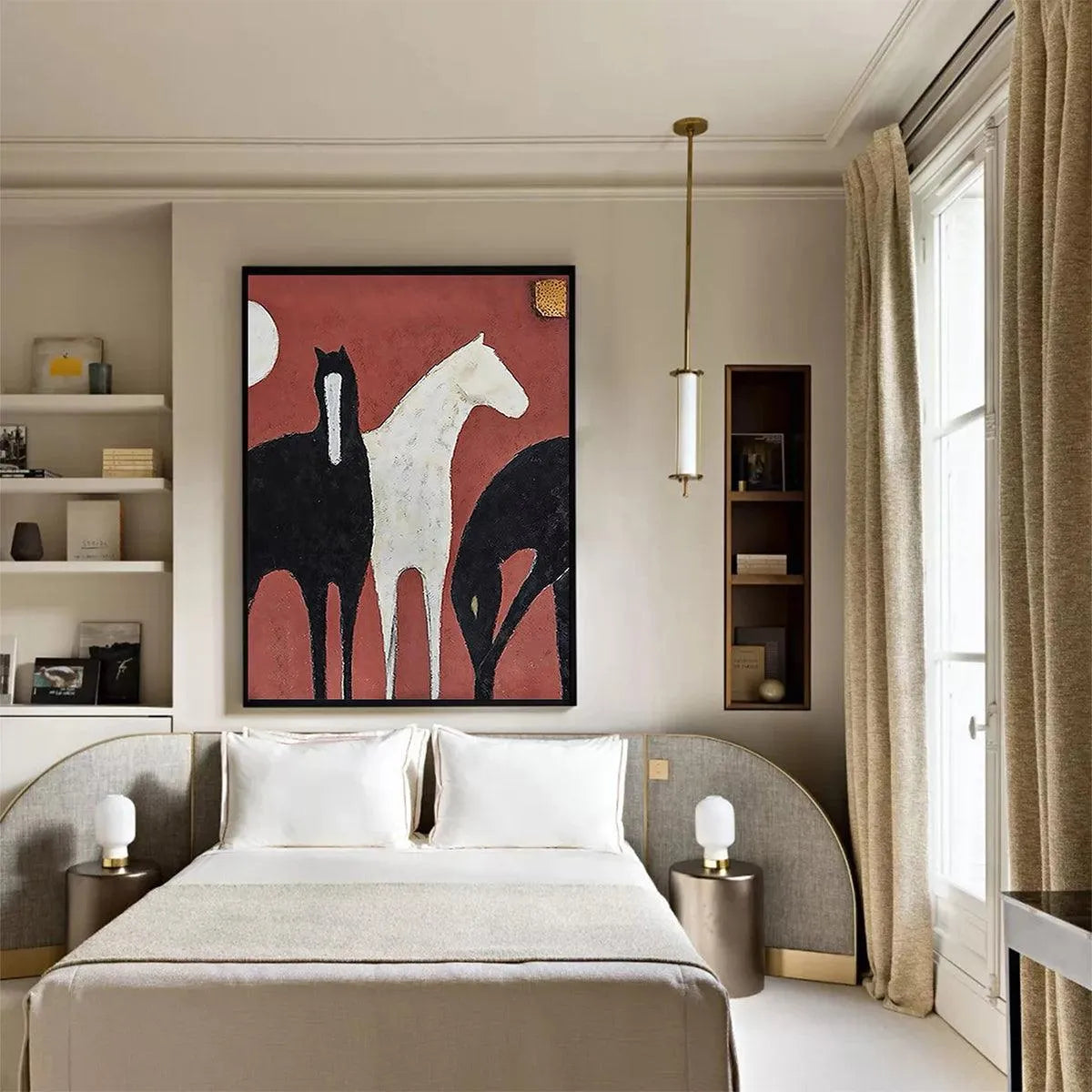 THREE HORSES ON RED: Minimalist Horse Painting, Vertical Wall Art