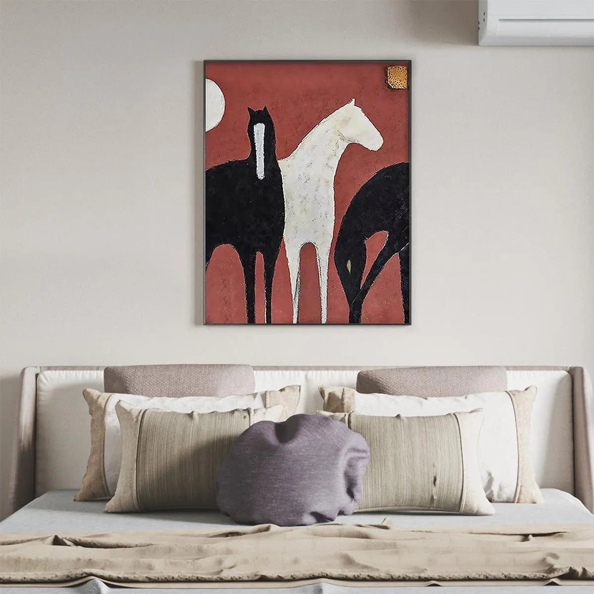 THREE HORSES ON RED: Minimalist Horse Painting, Vertical Wall Art