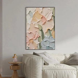 Textured impasto floral painting, peach, pink, cream, blue petals, living room decor.