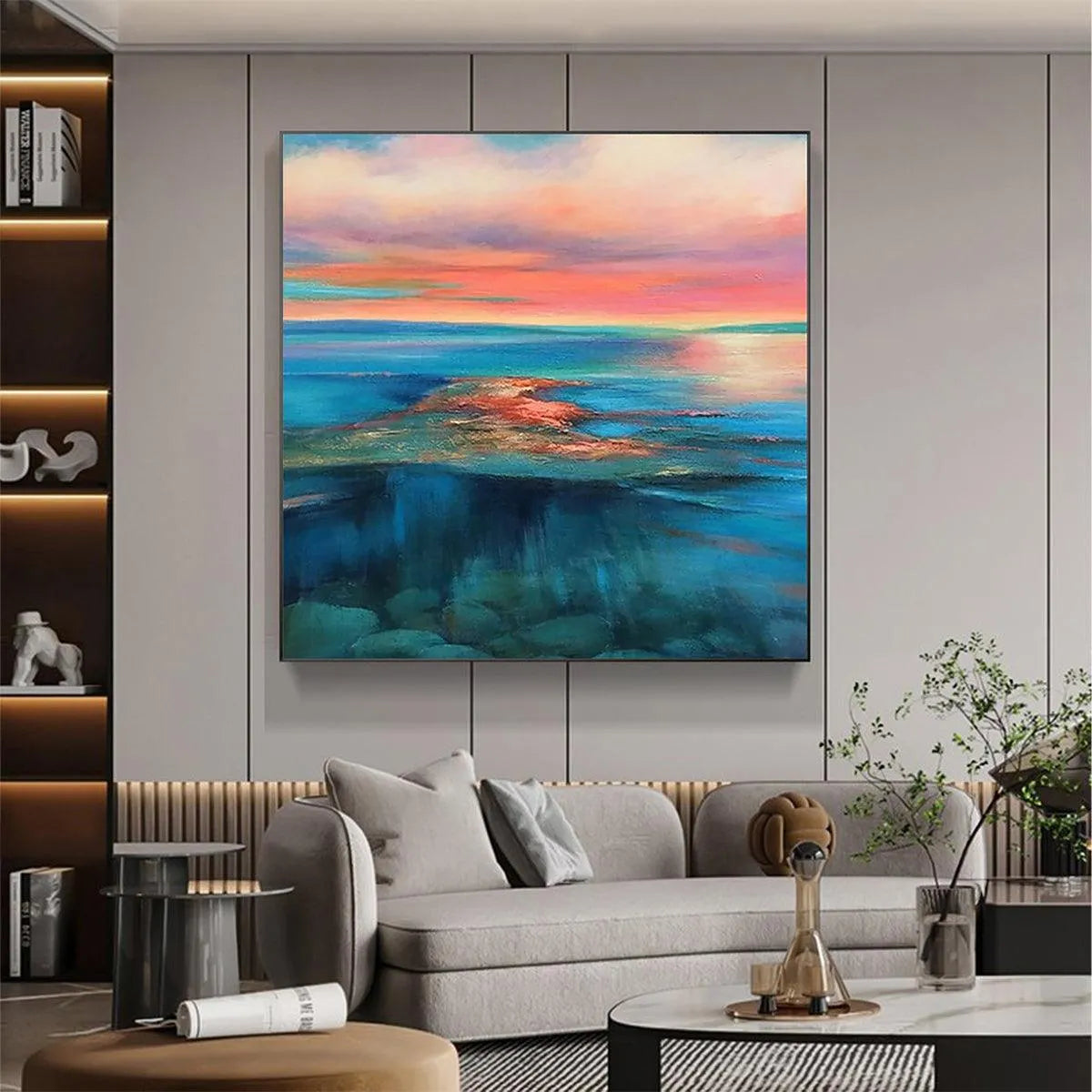 CORAL REEF SUNSET: Vibrant Coastal Sunset Painting, Square Wall Art