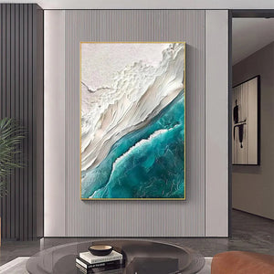 AZURE DREAM textured vertical canvas art with thick teal impasto waves and white sand in modern coastal living room