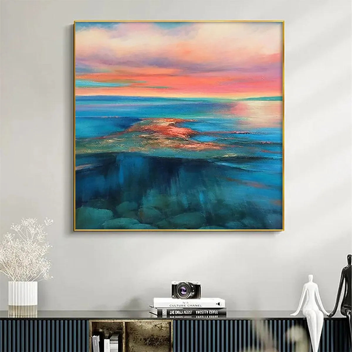 CORAL REEF SUNSET: Vibrant Coastal Sunset Painting, Square Wall Art