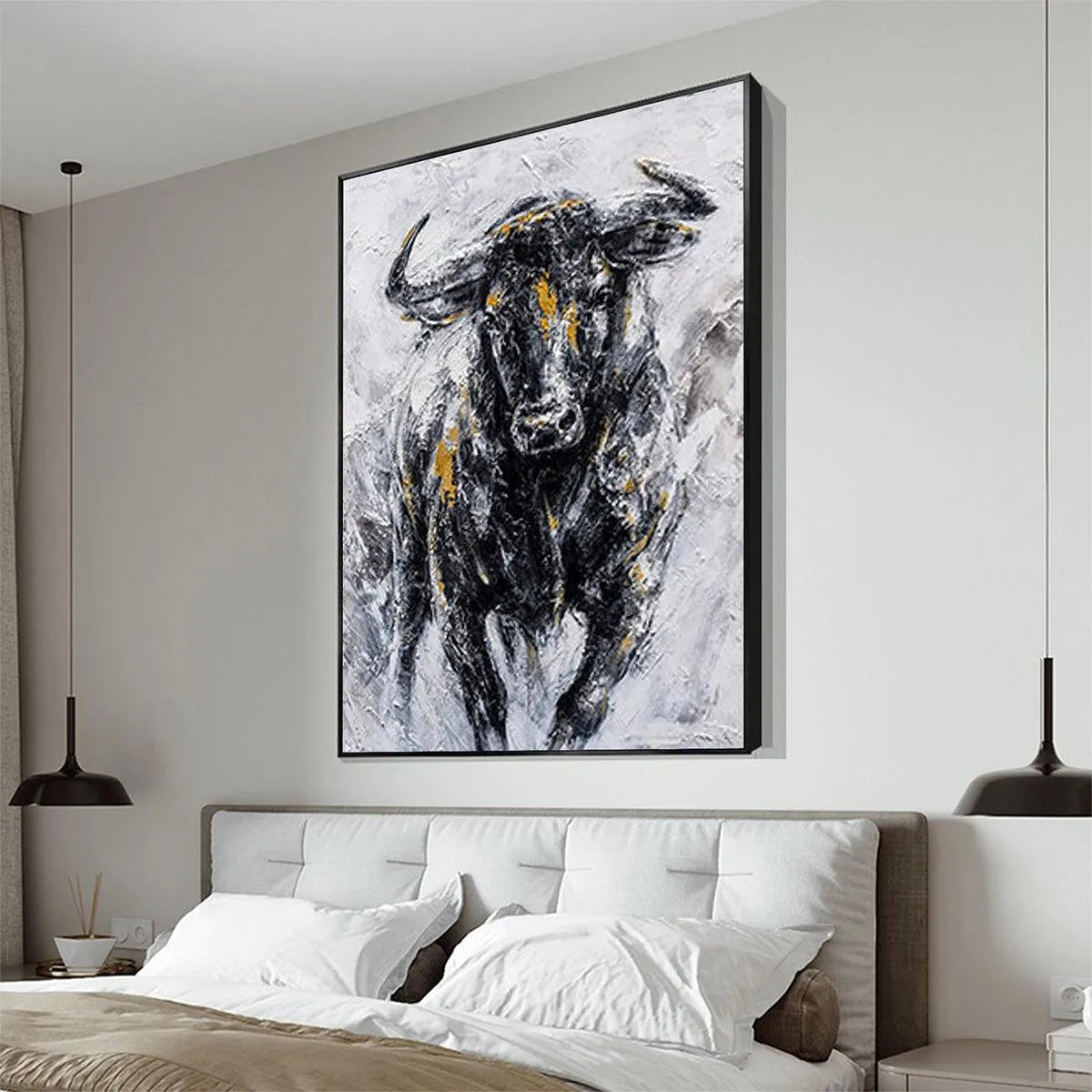 CHARGING BULL: Textured Bull Painting, Vertical Wall Art