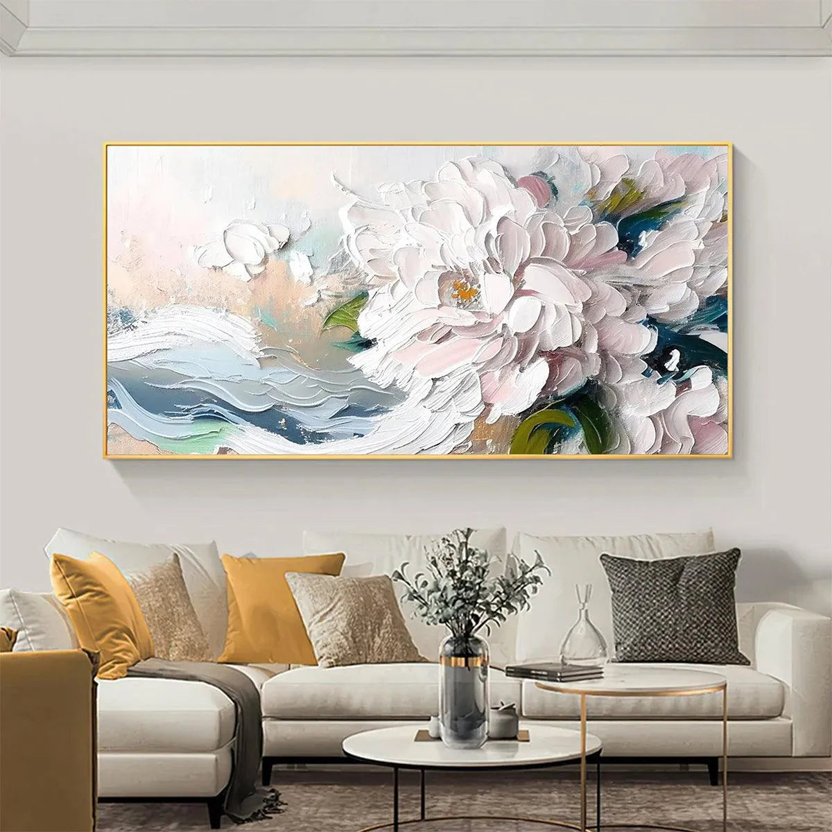 WHITE PEONY DREAM: Textured Peony Painting, Impasto Floral Wall Art, Panoramic Canvas, Romantic Decor