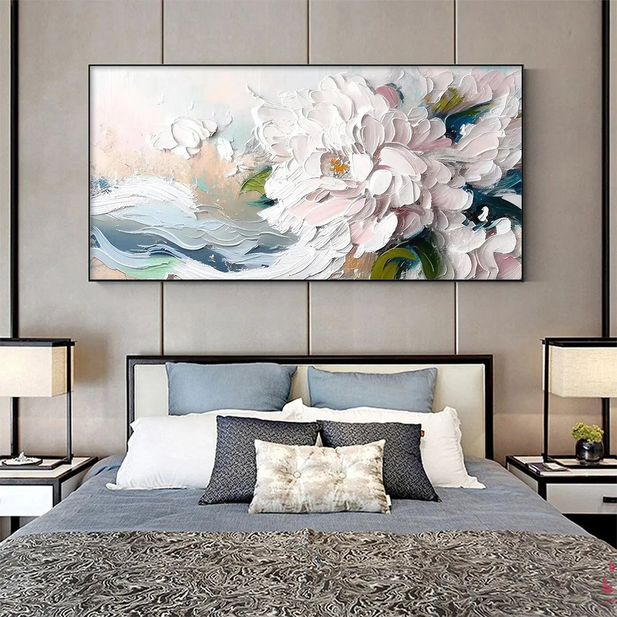 WHITE PEONY DREAM: Textured Peony Painting, Impasto Floral Wall Art, Panoramic Canvas, Romantic Decor