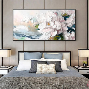 Textured impasto painting of white & pink peonies above modern gray bedroom setting, panoramic canvas art for romantic decor.