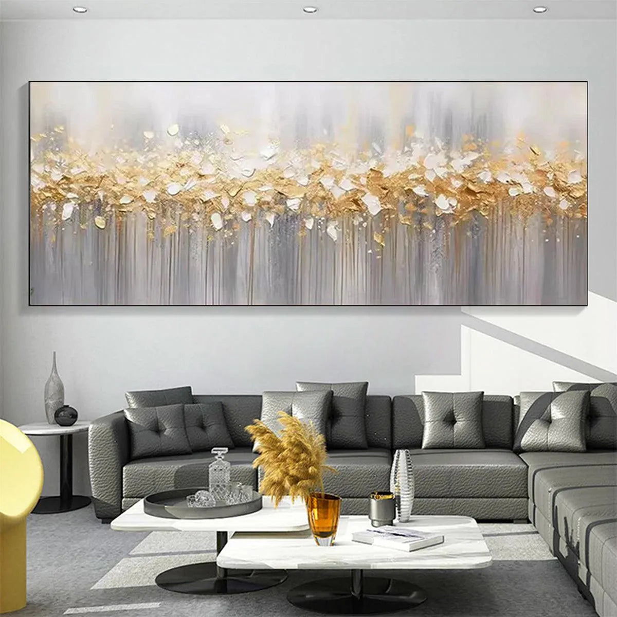 GOLDEN DRIZZLE: Textured Abstract Painting, Gold and Grey Wall Art, Panoramic Canvas, Modern Decor