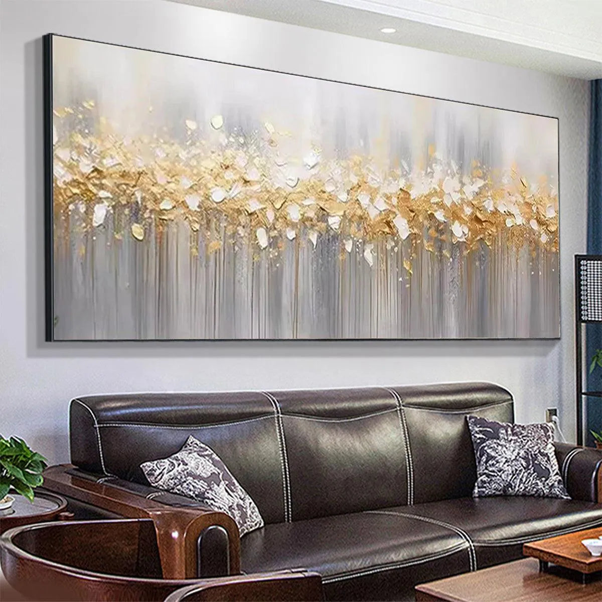 GOLDEN DRIZZLE: Textured Abstract Painting, Gold and Grey Wall Art, Panoramic Canvas, Modern Decor