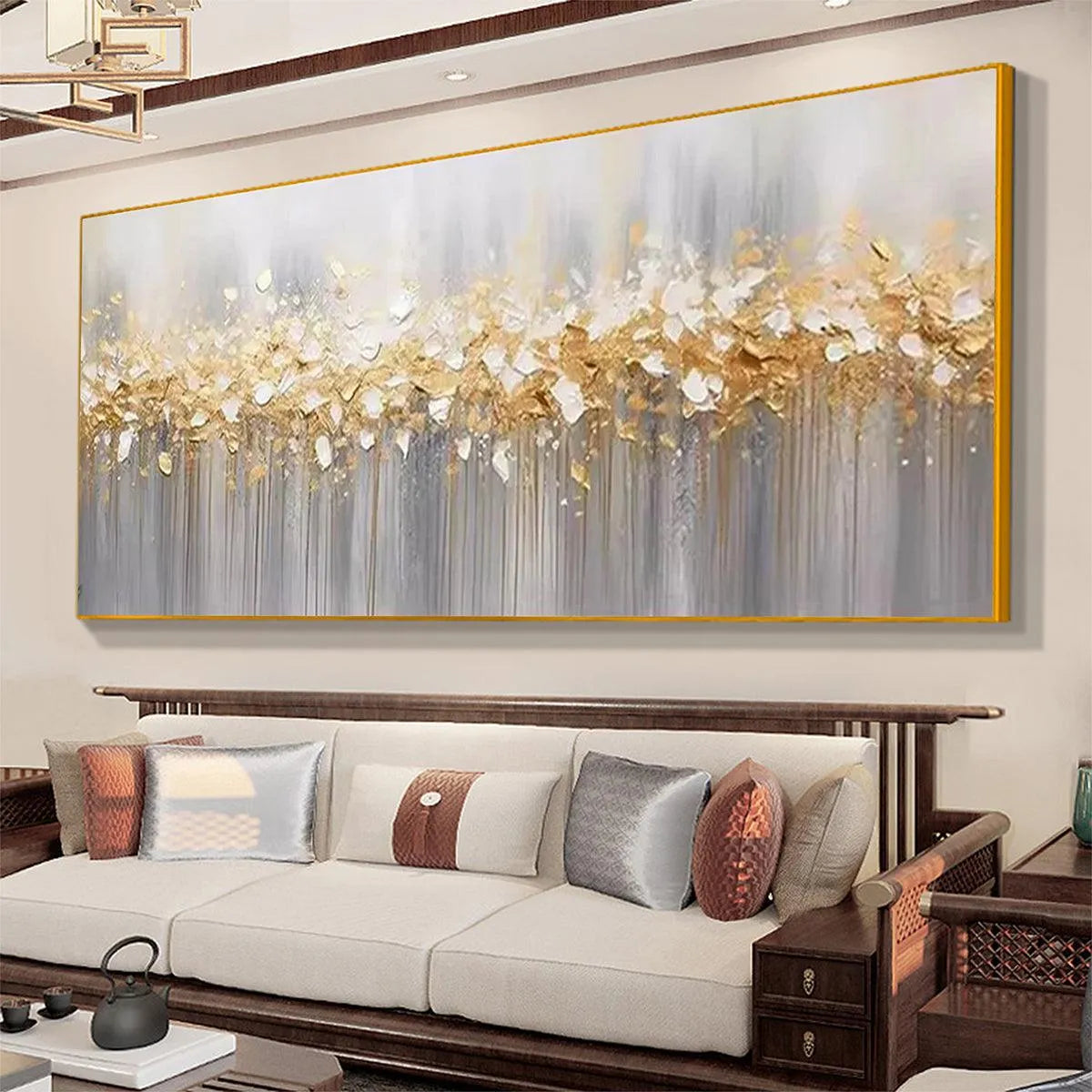 GOLDEN DRIZZLE: Textured Abstract Painting, Gold and Grey Wall Art, Panoramic Canvas, Modern Decor