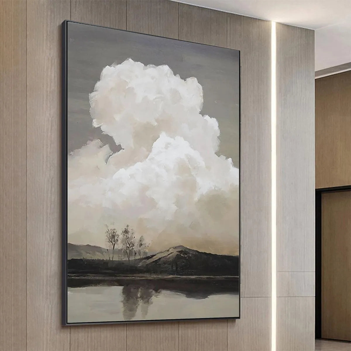 Cloudy Landscape: Muted Landscape Painting | Vertical Wall Art | Nature Decor