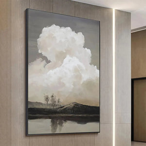 Liam O'Connell's Cloudy Landscape vertical art, muted tones, serene cloud and lake scene, framed for wall decor.