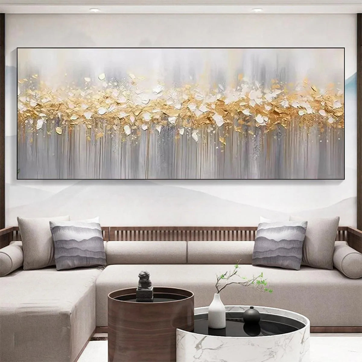 GOLDEN DRIZZLE: Textured Abstract Painting, Gold and Grey Wall Art, Panoramic Canvas, Modern Decor