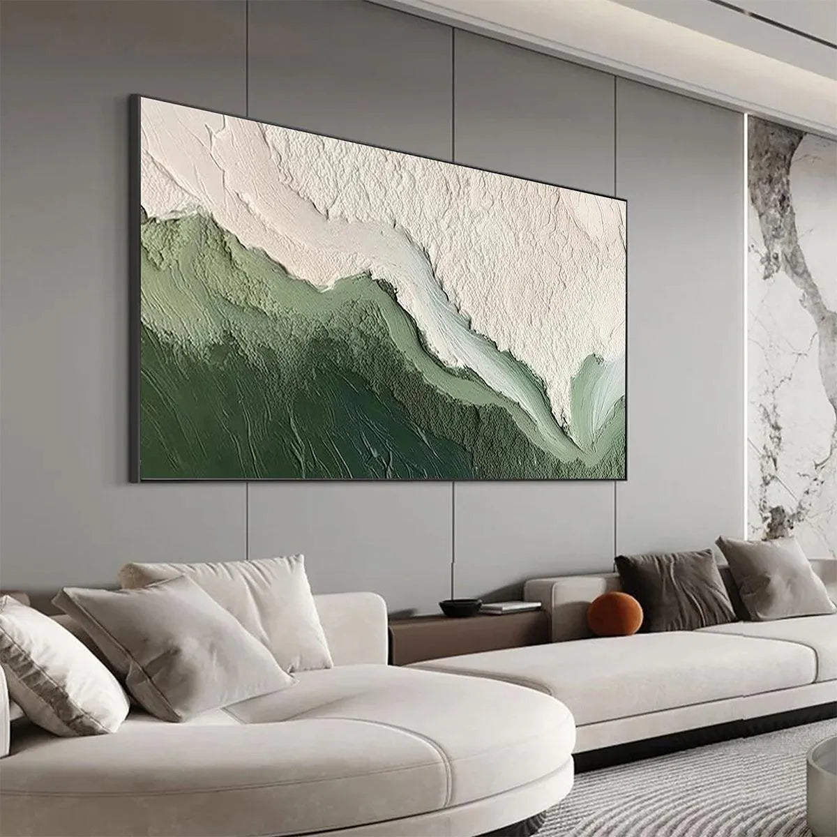 EMERALD FLOW: Textured Abstract Landscape Painting, Green and White Wall Art, Panoramic Canvas, Nature-Inspired Decor