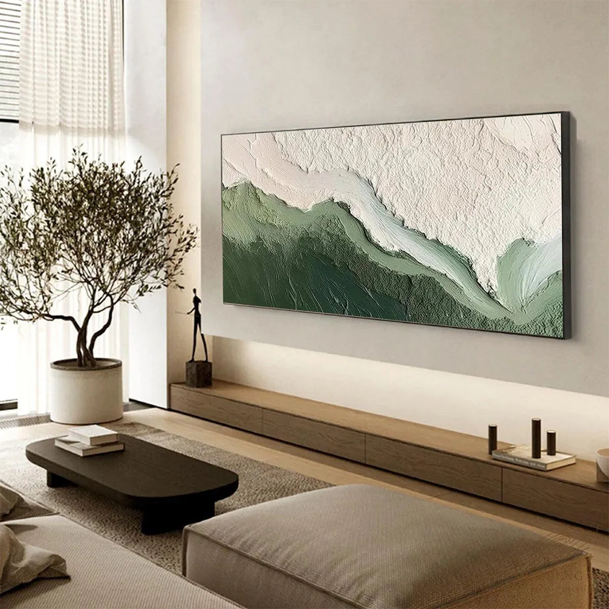 EMERALD FLOW: Textured Abstract Landscape Painting, Green and White Wall Art, Panoramic Canvas, Nature-Inspired Decor