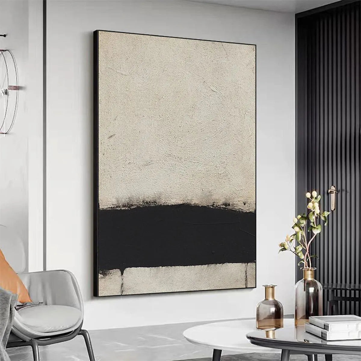 MINIMALIST BLACK AND WHITE LANDSCAPE: Textured Abstract Painting, Vertical Wall Art