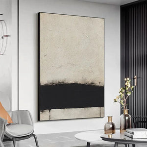 Javier Ramirez minimalist black and white landscape painting. Textured abstract art, vertical wall art, modern decor.