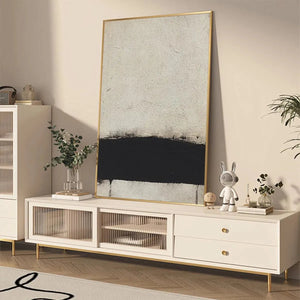 Minimalist black and white textured abstract painting by Javier Ramirez, gold frame. Modern art.