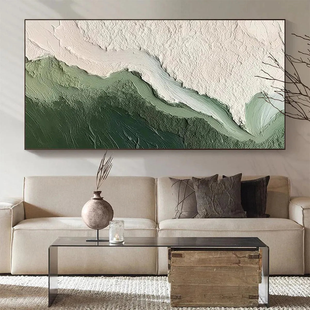 EMERALD FLOW: Textured Abstract Landscape Painting, Green and White Wall Art, Panoramic Canvas, Nature-Inspired Decor