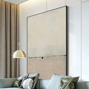 Javier Ramirez Minimalist Earthscape painting, vertical abstract art, neutral tones, textured canvas, modern decor.