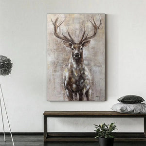 MAJESTIC STAG: Textured stag painting by Ethan Walker, vertical wall art with neutral tones for modern decor.