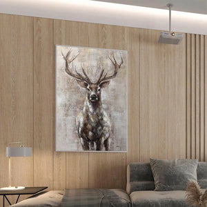 MAJESTIC STAG vertical wall art by Ethan Walker, textured stag painting with neutral tones in a modern decor.
