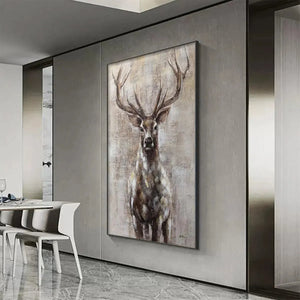 MAJESTIC STAG textured painting, vertical wall art by Ethan Walker, neutral tones for modern home decor.