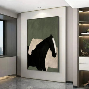 Javier Ramirez's Minimalist Horses: Abstract painting of black and white horses on green, vertical wall art.
