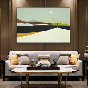 Isabella Rossi 'Solitary Figure' painting, horizontal wall art above sofa, minimalist landscape, serene scene, soft colors.