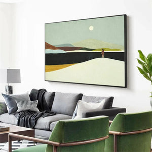 Isabella Rossi's Solitary Figure in Minimalist Landscape painting, horizontal wall art, framed, soft colors.