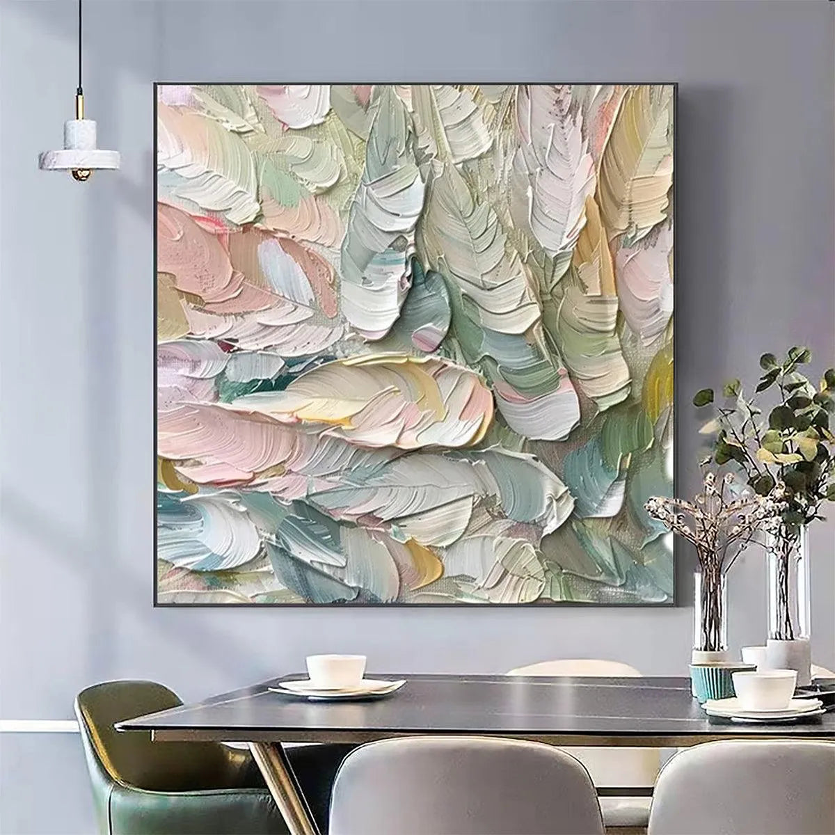 PASTEL FEATHERS: Textured Abstract Painting, Impasto Wall Art, Square Canvas, Dreamy Decor