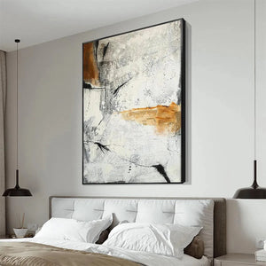Modern textured abstract painting in brown, white, and black by Javier Ramirez. Vertical wall art, home decor.