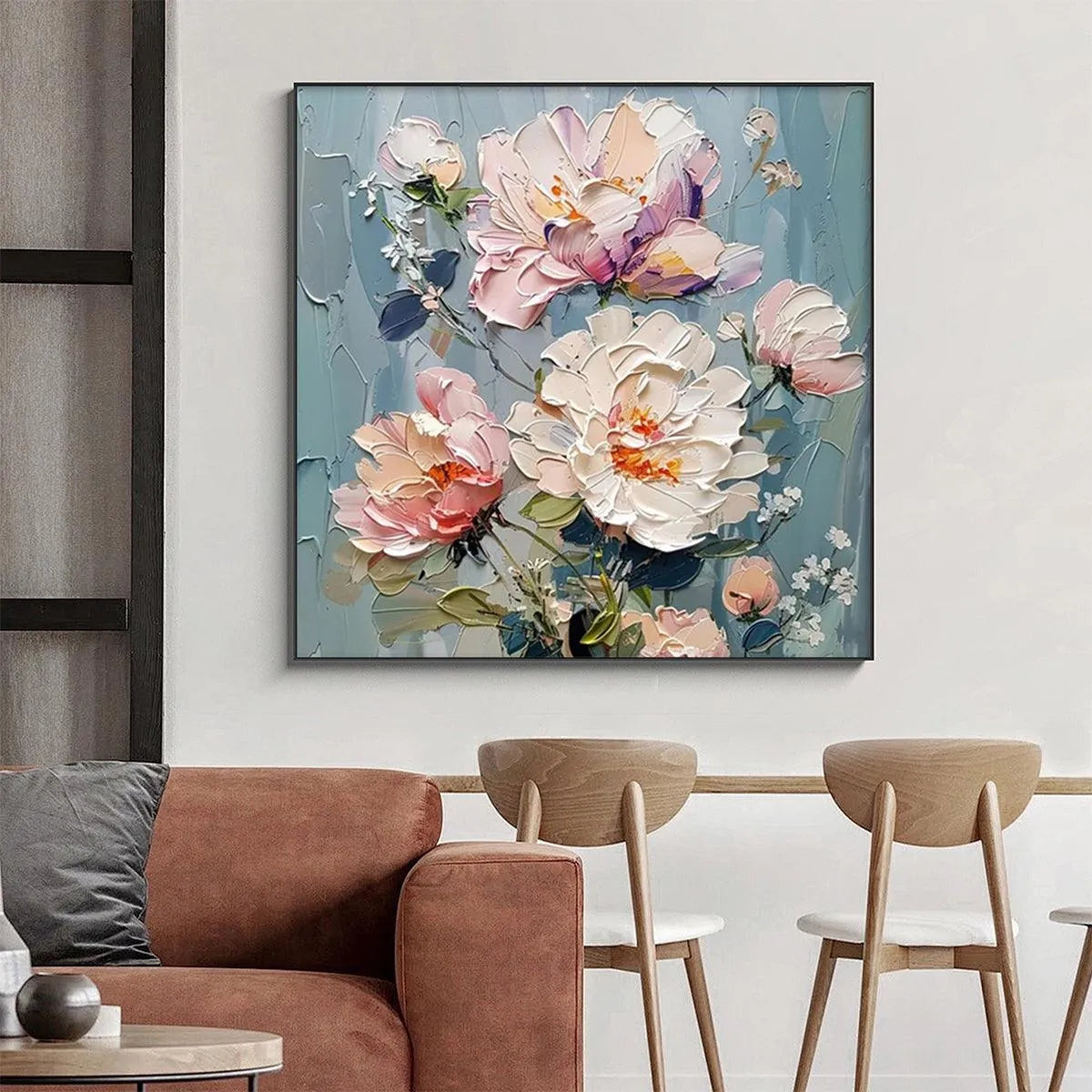 PASTEL PEONIES: Textured Peony Painting, Impasto Floral Wall Art, Square Canvas, Romantic Decor