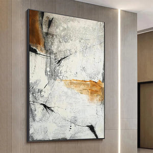 Textured abstract painting in brown, white and black. Modern vertical wall art by Javier Ramirez.