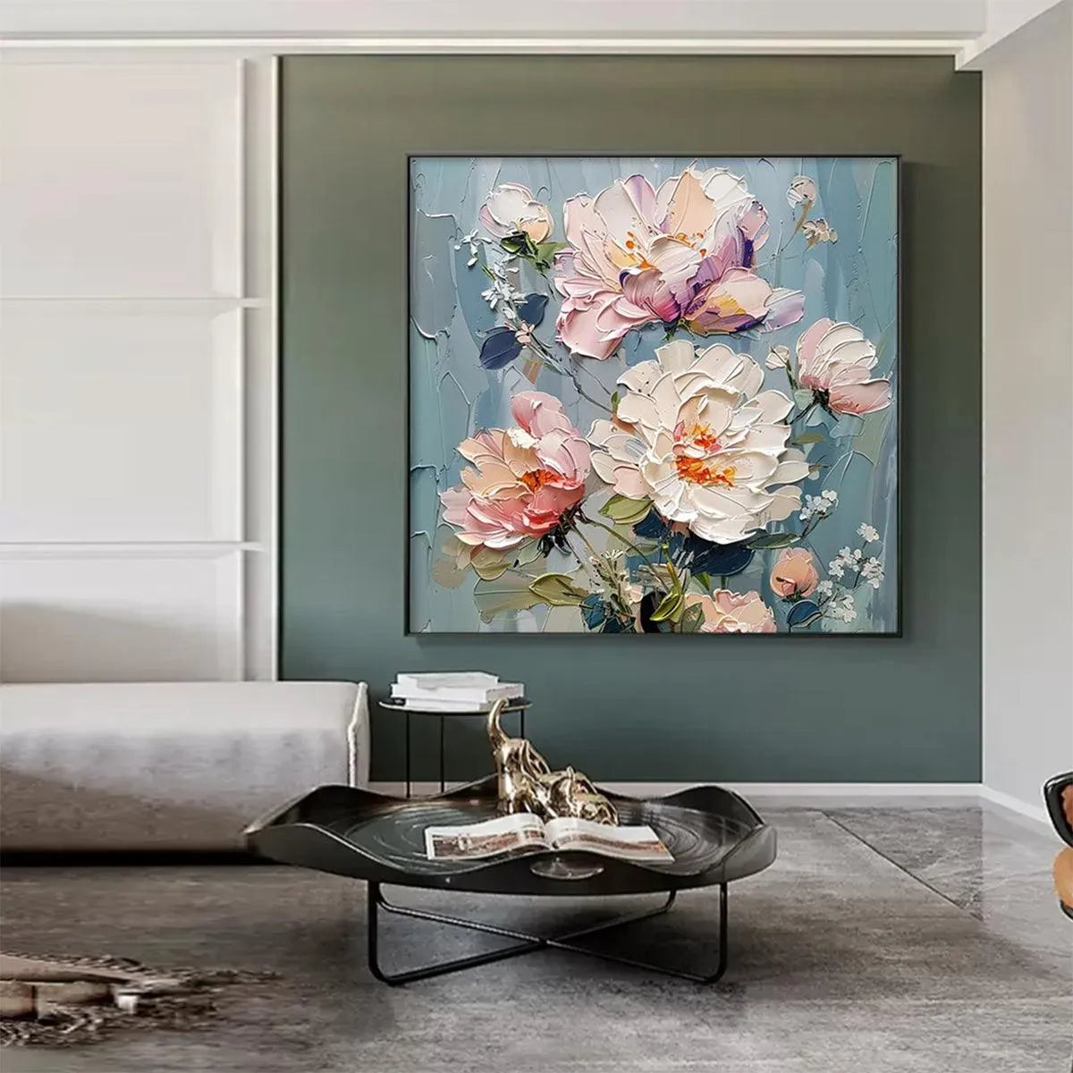 PASTEL PEONIES: Textured Peony Painting, Impasto Floral Wall Art, Square Canvas, Romantic Decor