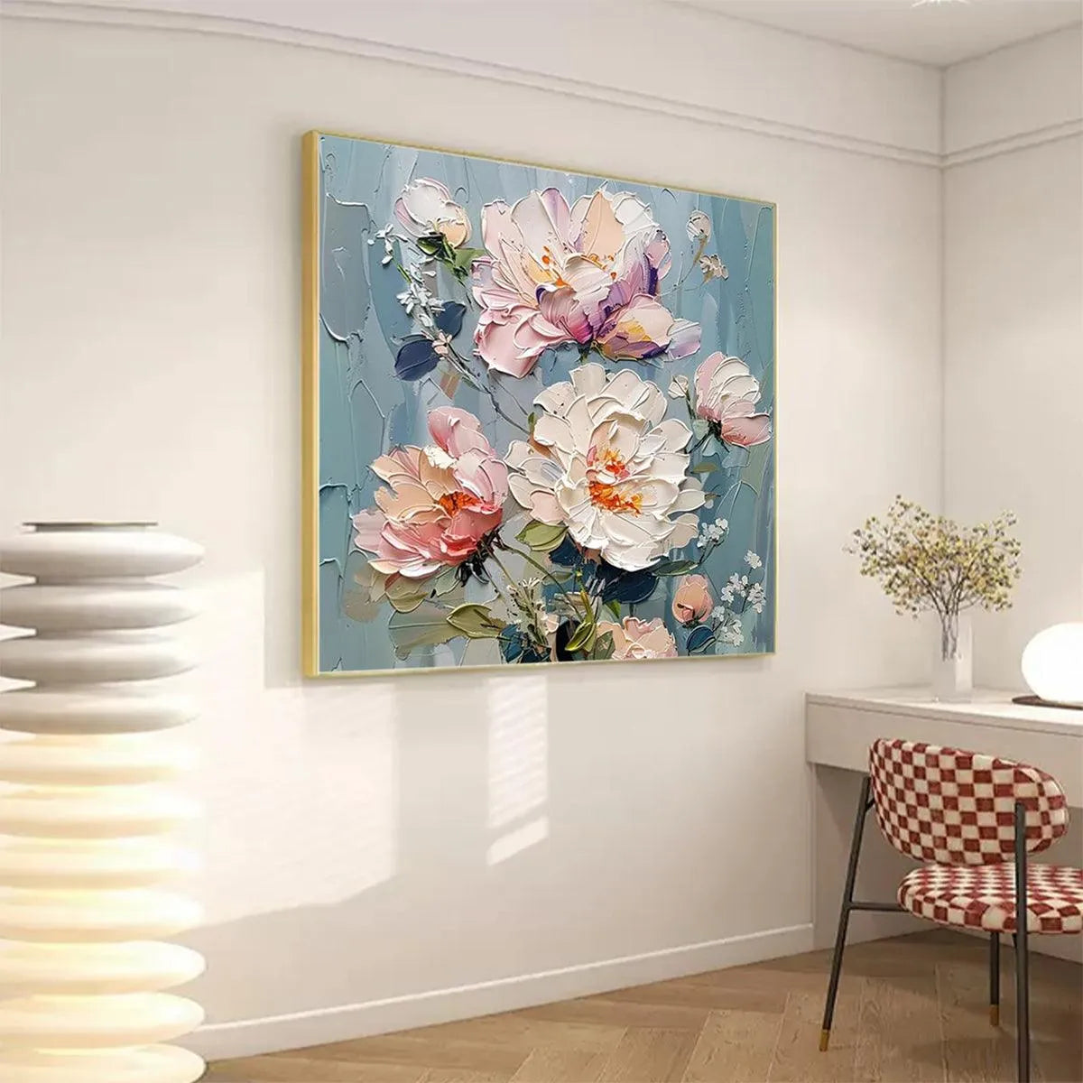 PASTEL PEONIES: Textured Peony Painting, Impasto Floral Wall Art, Square Canvas, Romantic Decor